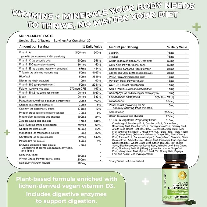 Future Kind Vegan Multivitamins Complete (90tabs in Recycled Bottle) - 42-in-1 Vegan Multivitamins for Women & Men - Multivitamin w Enzymes & Probiotics for Digestion - Vegan Vitamins w B12 & Zinc