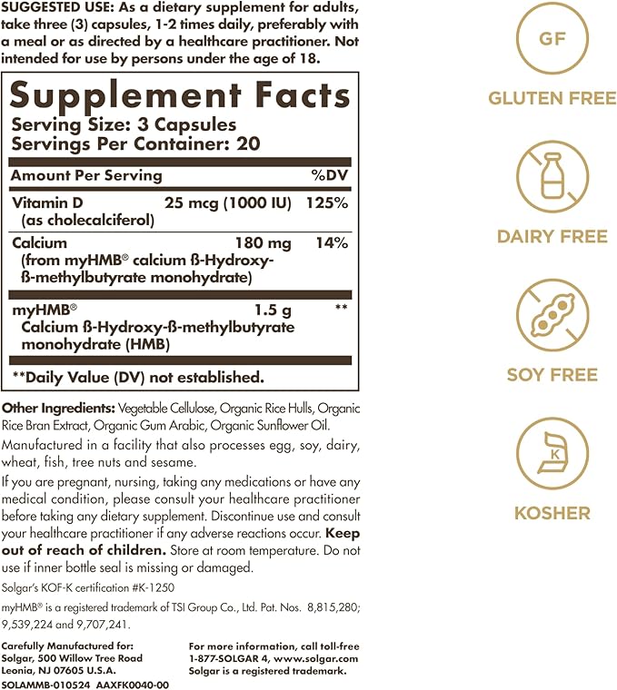 Solgar Muscle Maintenance Age-Defying Nutrition for Men & Women—Support Muscle Mass with HMB (β-Hydroxy βmethylbutyrate) and 125% Daily Value of Vitamin D, Soy and Gluten Free, 20 Servings