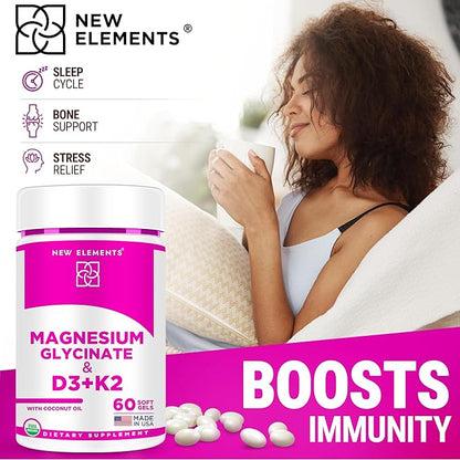 Magnesium Glycinate 500mg Organic Softgels with Vitamin D3 and K2 | D3 10,000 IU | Vitamin K2 100mcg with Coconut Oil for Bone Health | Immunity Support | Non-GMO | Gluten-Free | Sugar Free