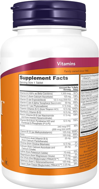 NOW Foods Supplements, ADAM™ Men's Multivitamin with Saw Palmetto, Lycopene, Alpha Lipoic Acid and CoQ10, Plus Natural Resveratrol & Grape Seed Extract, 60 Tablets