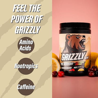GRIZZLY Pre Workout Powder for Men & Women - Essential Aminos L-Citrulline & Beta Alanine Plus Caffeine - Preworkout Energy Drink Mix for Intense Power Focus & Pump, Huckleberry Lemonade - 40 Servings
