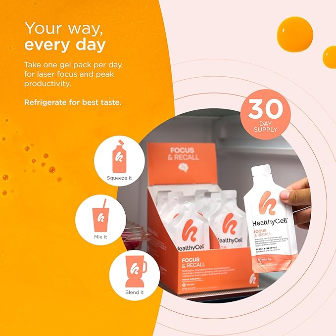 Healthycell Focus & Recall - Brain Supplement for Focus and Memory - Liquid Nootropics Supplement for Concentration & Alertness - L-theanine, Omega-3 - Maximum Absorption - 30 Gel Packs