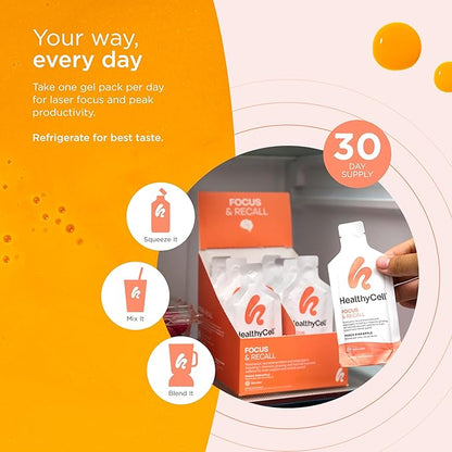 Healthycell Focus & Recall - Brain Supplement for Focus and Memory - Liquid Nootropics Supplement for Concentration & Alertness - L-theanine, Omega-3 - Maximum Absorption - 30 Gel Packs