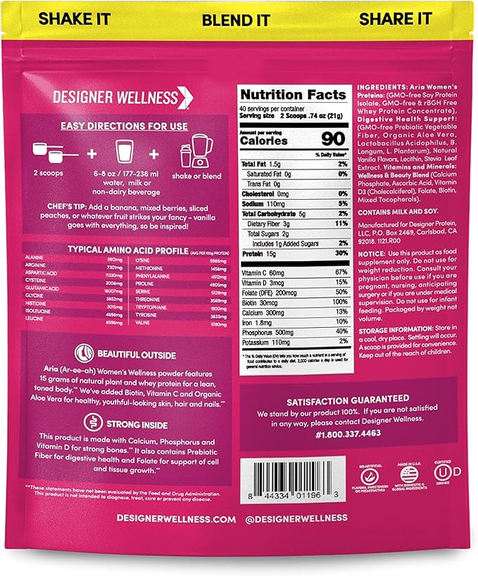 Designer Wellness, Aria, Women's Wellness Low Calorie Vanilla Protein Powder with Biotin, Vitamin C and Organic Aloe, Vanilla Blossom, 1.85 Pound