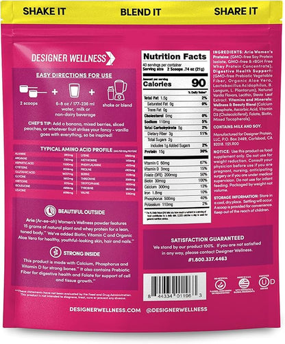 Designer Wellness, Aria, Women's Wellness Low Calorie Vanilla Protein Powder with Biotin, Vitamin C and Organic Aloe, Vanilla Blossom, 1.85 Pound
