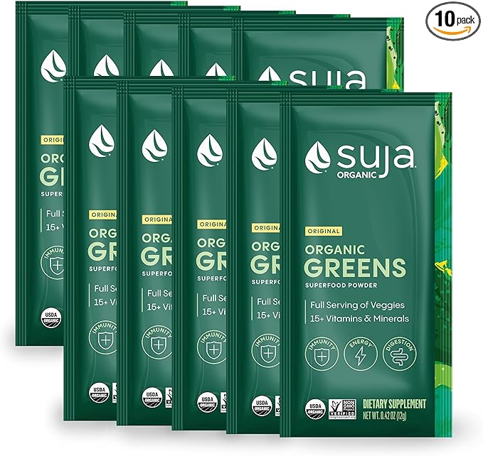Suja Organic Greens Powder Probiotic Blend, Spirulina, Daily Superfood Drink or Smoothie Mix for Immune Support, Digestion, & Energy, Vegan, Gluten Free, Non GMO, 10 Servings