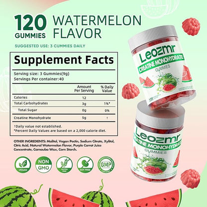 Creatine Monohydrate Gummies 5000mg for Men & Women, Chewables Creatine Monohydrate Supplement(120 Count)- Watermelon 120 Gummies
