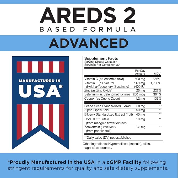 Viteyes AREDS 2 Advanced Macular Support with Bilberry, grapeseed, FLORAGLO Lutein, Selenium, Natural Vitamin E, Allergen Free, Eye Vitamins for Vision Protection, 60 Count