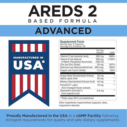 Viteyes AREDS 2 Advanced Macular Support with Bilberry, grapeseed, FLORAGLO Lutein, Selenium, Natural Vitamin E, Allergen Free, Eye Vitamins for Vision Protection, 60 Count