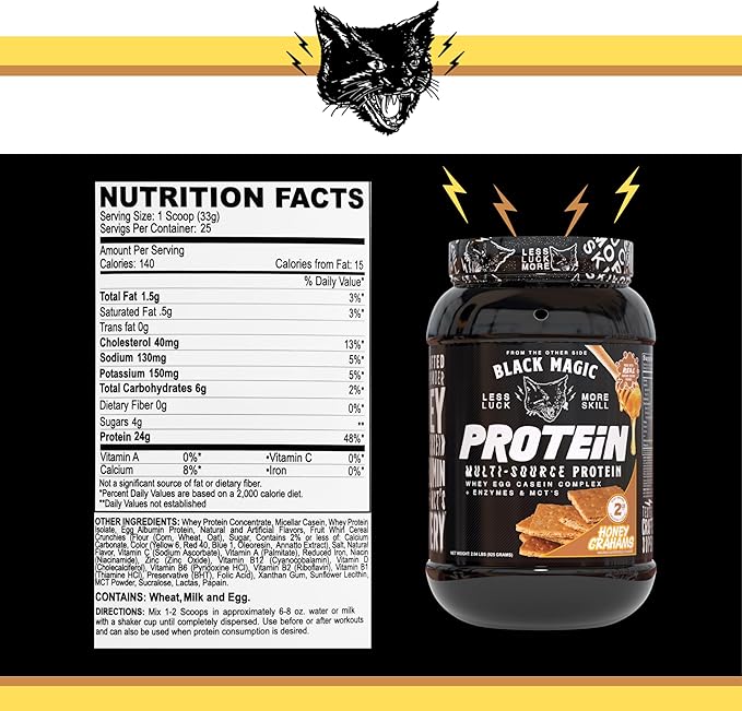 Worldwide Nutrition Bundle: Black Magic Multi-Source Protein Powder - Whey, Egg Albumin Enzymes, Micellar Casein & MCTs-Muscle Mass Gaining -Honey Grahams Flavor-2 LB & Multi Purpose Keychain