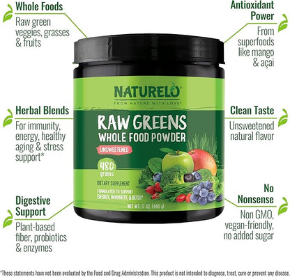 NATURELO Raw Greens Superfood Powder - Unsweetened - Boost Energy, Detox, Enhance Health - Organic Spirulina - Wheat Grass - Whole Food Nutrition from Fruits & Vegetables - 480 Grams