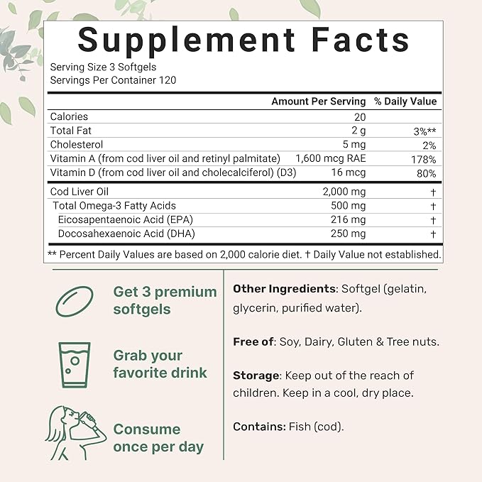 Cod Liver Oil 2,000mg Per Serving, 360 Softgels | Lemon Flavored – Burpless – Wild Caught – Arctic Deep Sea Fish | High in Omega 3, EPA, DHA, Vitamins A, & D3 | Heart, Brain, & Immune Supplement