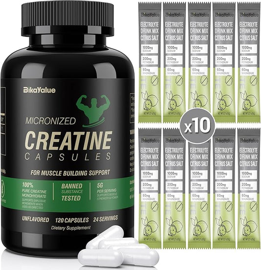 Creatine Capsules & Electrolytes Powder, 150 Creatine Capsules, 10 Pack Electrolyte Combination, Supplement for Muscle, Energy, Recovery, Gluten-Free Creatine for Women, Men (30 Servings)