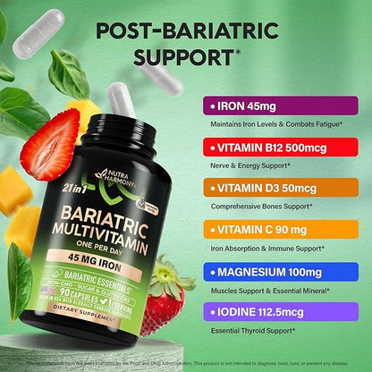Bariatric Multivitamin - 45 mg Iron Supplements - Made in USA - for Women & Men - All-in-One, 21 Essential Vitamins - Gastric Sleeve Support - Free of Sugar, Gluten & Soy - 90 Capsules