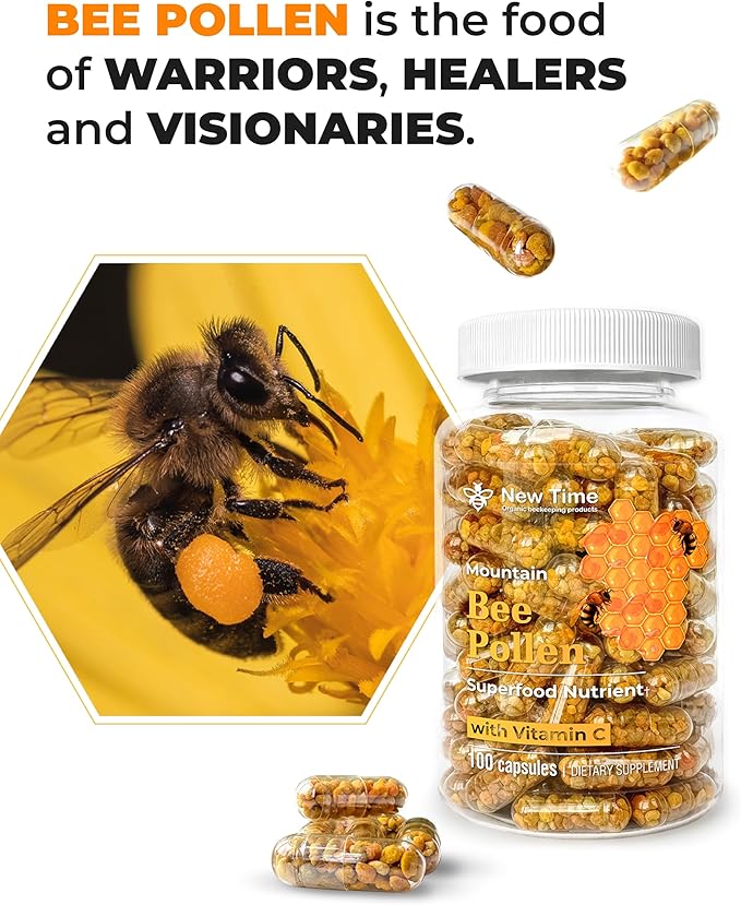 Bee Pollen Vegetarian Capsules with Vitamin C, Natural Organic Supplement, Fermented Pollen Granules, Multivitamin, Immune, Energy Support (100 caps)