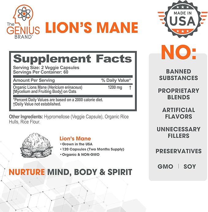 Genius Lions Mane Cognition Vitamins Supplement Capsules - Organic Nootropic Supplement, 1200mg per Serving – 120 Veggie Pills