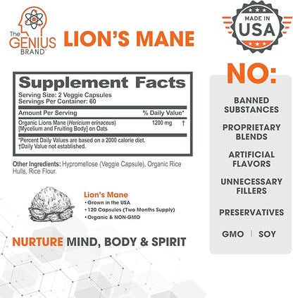 Genius Lions Mane Cognition Vitamins Supplement Capsules - Organic Nootropic Supplement, 1200mg per Serving – 120 Veggie Pills