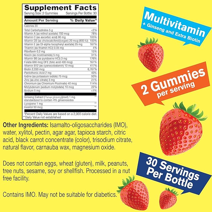 Multivitamin Sugar Free Gummies with Ginseng, Vitamin A, C, D3, E, B12, B6, B1, B2, B5, Niacin, Folic acid, Biotin, Iodine, Zinc, Chromium, Molybdenum, Lycopene, Inositol - Vegan - 60 Gummies