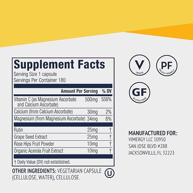 Vimergy Micro-C ®, Trial Size - 90 Servings – 500mg All-Natural Buffered Vitamin C Capsules with Rose HIPS, Rutin, Grape Seed & Acerola Fruit Extract - Supports a Healthy Immune System & Skin Health