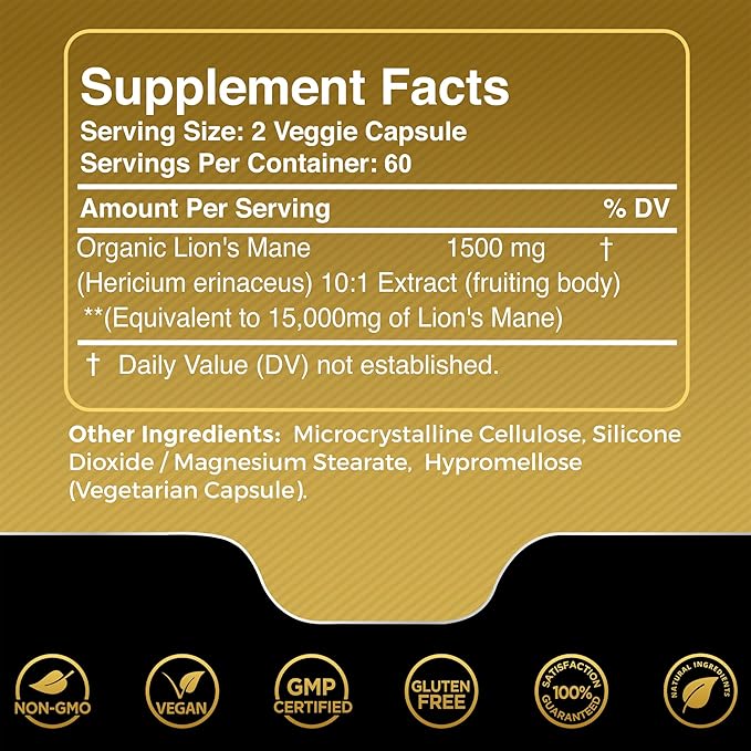 Lions Mane Supplement Capsules - 120 Count - Mushroom Supplement, Brain Supplements for Memory and Focus, Lion's Mane Mushroom Capsules - Cognitive and Immune Support, Focus Supplement - Pack of 2
