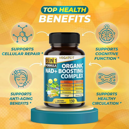 VEGATOT NAD+ Boosting Complex - NAD Supplements for Women & Men 15-in-1 Formula with Resveratrol Turmeric Quercetin Rosemary Bilberry Sage Green Tea