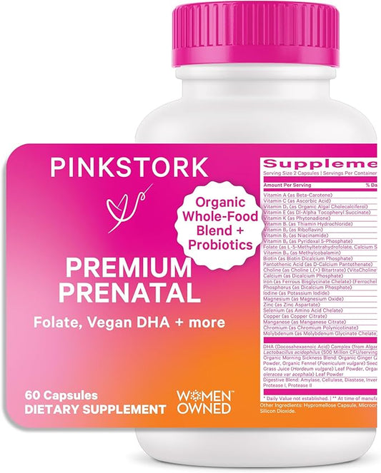 Pink Stork Premium Prenatal Vitamin for Women - Organic Whole-Food Ingredients, Multivitamin & Probiotics - Morning Sickness, Digestion, & Energy - Folate, B6, & Iron - 60 Capsules