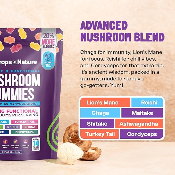 Ashwagandha and Lions Mane Mushroom Supplement Gummies - Organic - Reishi, Cordyceps, Turkey Tail, Maitake, Shitake, Chaga - Immune Defense, Boosts Cognitive Performance, Vegan, Low Carb