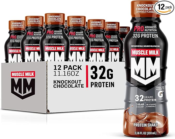 Muscle Milk Pro Advanced Nutrition Protein Shake, Knockout Chocolate, 11.16 Fl Oz (Pack of 12), 32g Protein, 1g Sugar, 16 Vitamins & Minerals, 5g Fiber, Workout Recovery, Energizing Snack, Packaging May Vary