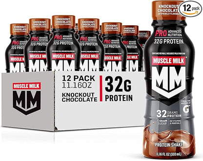 Muscle Milk Pro Advanced Nutrition Protein Shake, Knockout Chocolate, 11.16 Fl Oz (Pack of 12), 32g Protein, 1g Sugar, 16 Vitamins & Minerals, 5g Fiber, Workout Recovery, Energizing Snack, Packaging May Vary