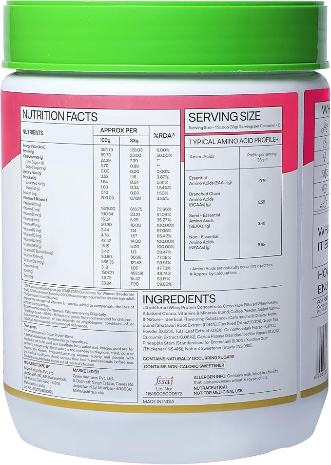 Protein & Herbs, Women with Multivitamins, Curcumin, Shatavari, Tulsi for Improved Metabolism, Hormonal Balance & Skin, Hair Health, 1.1 lbs, Cafe Mocha. Soy Free, Gluten Free, Non GMO