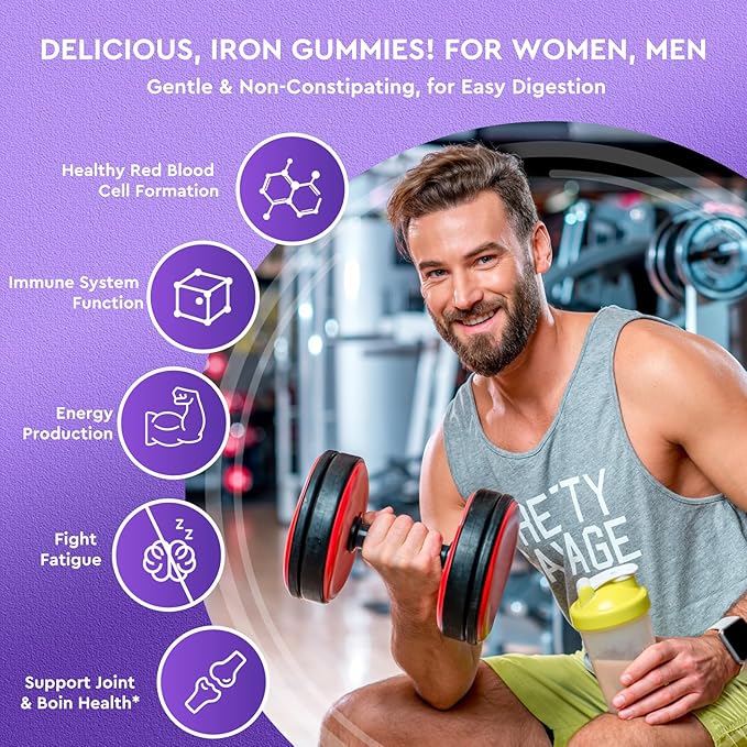 Iron Gummies - with Calcium, Zinc, Folate & Vitamin B12, C, B6 for Adults & Kids - Blood Builder & Energy Support for Iron Deficiency, Anemia, Vegan - 2 Pack Grape Flavour,60 Gummies