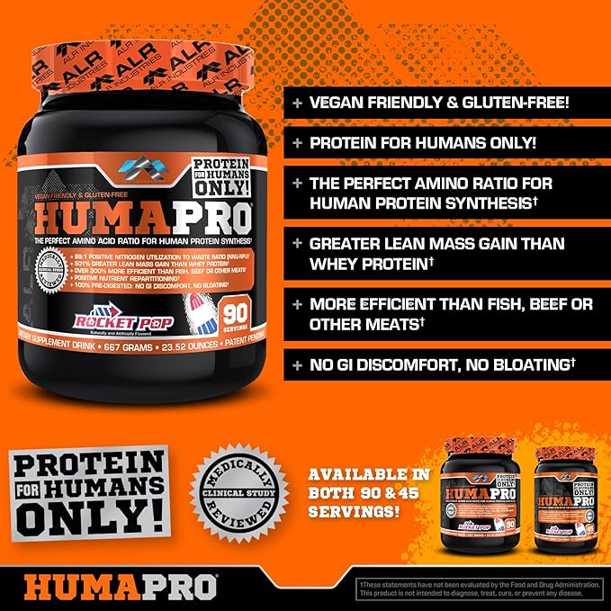 Humapro | Amino Acids Protein Matrix for Humans | 99% Utilization for Lean Muscle | Vegan, Gluten Free | 667g / 90 Servings (Rocket Pop)