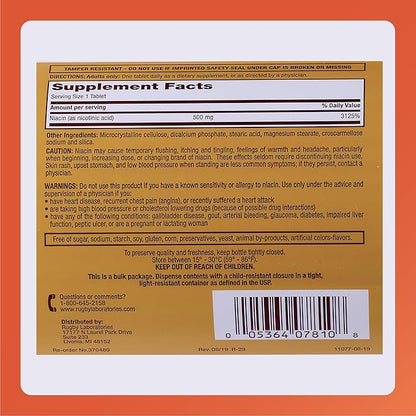Rugby Niacin 500mg - Vitamin B3 Supplement for Men and Women - 1,000 Tablets