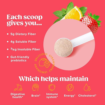 FiberDaily Delicious Fiber Powder - Organic Psyllium Husk, Agave Inulin & Sunfiber® Guar Gum Strawberry Lemonade Drink, Sugar-Free, Soluble Fiber, Prebiotic Fiber Supplement, Vegan, 30 Servings