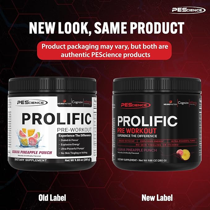 PEScience Prolific Pre Workout Powder, Guava Pineapple Punch, 40 Scoop, Energy Supplement with Nitric Oxide