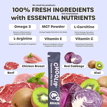 Squeeze Vita Stick Lickable Treats for Dogs & Cats. 49 Brain Support Sticks with Essential multivitamins. Soft and Tasty Paste for All Life Stages, Supporting Brain Health