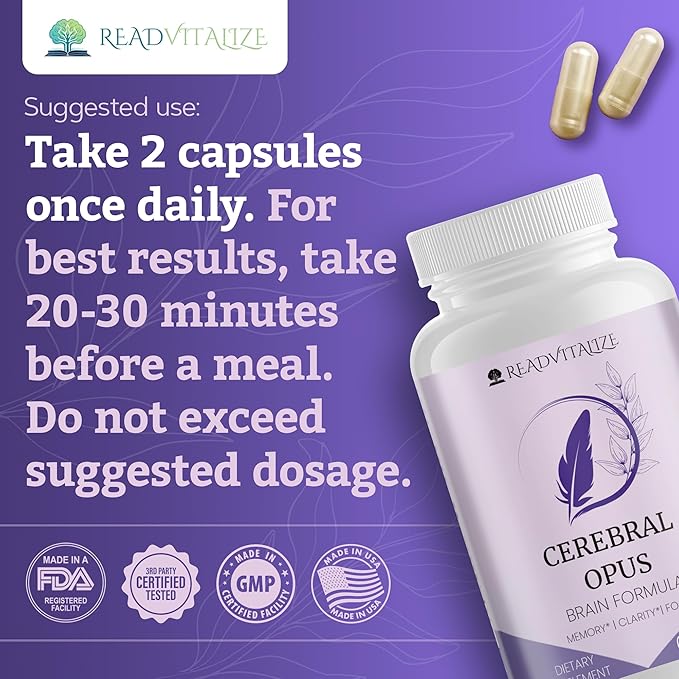 Cerebral Opus Brain Supplements for Memory and Focus - with Vitamin D, Folic Acid & Phosphatidylserine - Advanced Memory Formula to Boost Energy & Reduce Brain Fog (60 Capsules)