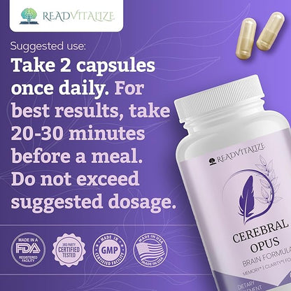 Cerebral Opus Brain Supplements for Memory and Focus - with Vitamin D, Folic Acid & Phosphatidylserine - Advanced Memory Formula to Boost Energy & Reduce Brain Fog (60 Capsules)