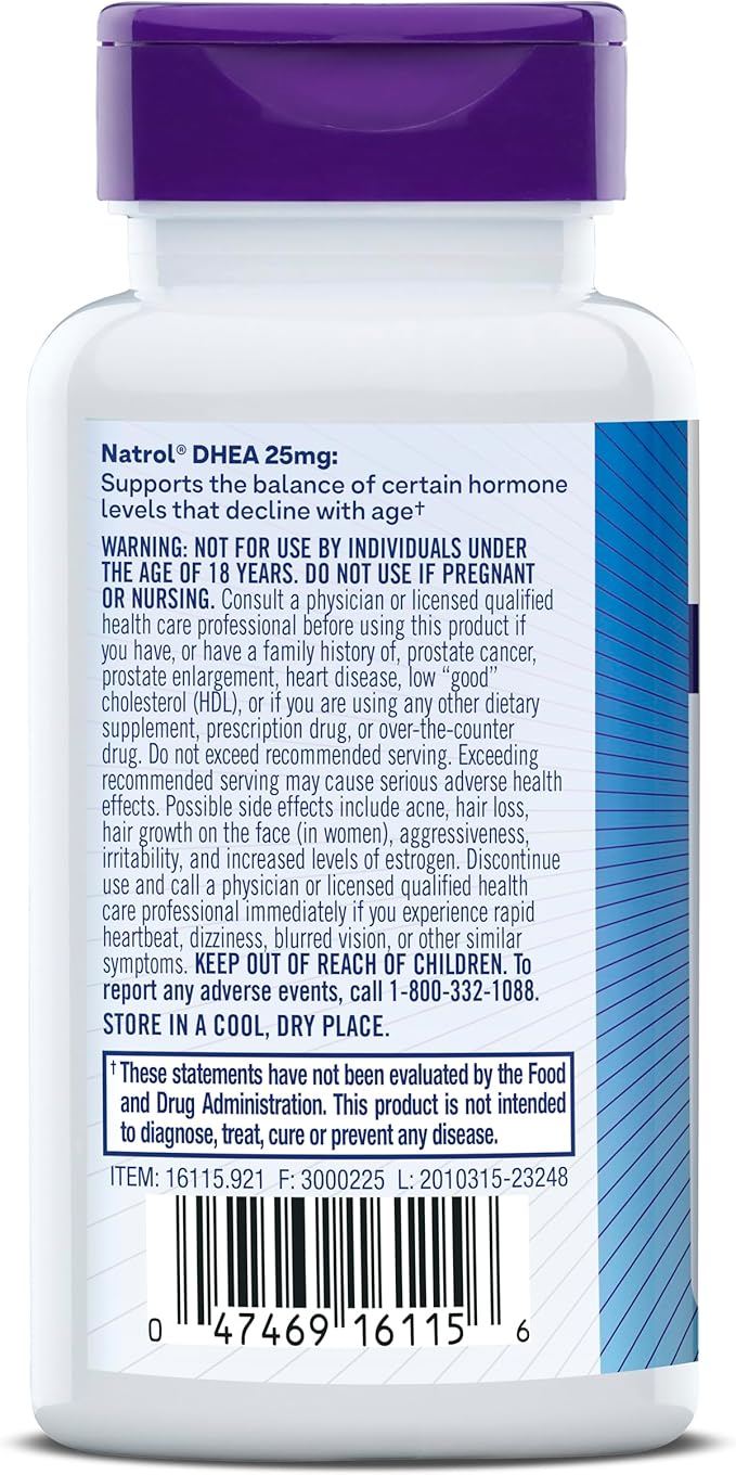 Natrol Mood & Stress DHEA 25mg with Calcium, Dietary Supplement for Balance of Certain Hormone Level and Mood Support, 180 Tablets, 180 Day Supply (Pack of 12)