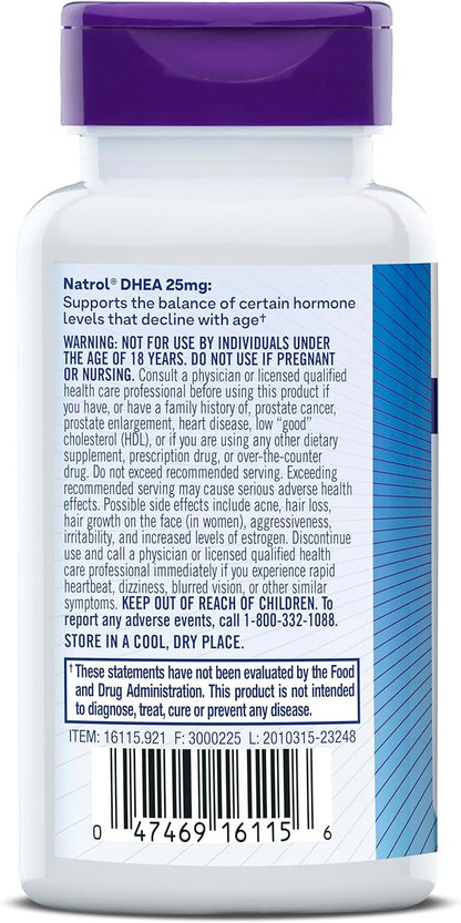 Natrol Mood & Stress DHEA 25mg With Calcium, Dietary Supplement for Balance of Certain Hormone Level and Mood Support, 180 Tablets, 180 Day Supply