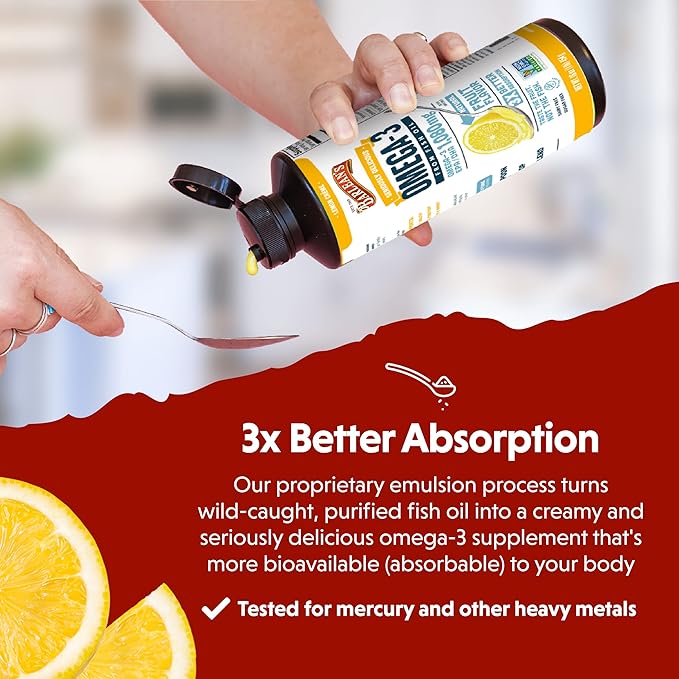 Barlean's Lemon Crème Omega 3 Fish Oil Liquid Supplement, 1080mg of Omega 3 EPA & DHA Fatty Acid, Smoothie Flavored & Burpless for Brain, Joint, & Heart Health, 8 oz