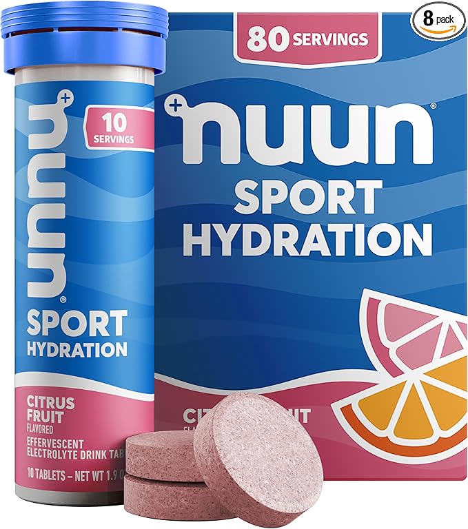 Nuun Sport Electrolyte Tablets - Dissolvable in Water, Citrus Fruit, 5 Essential Electrolytes for Hydration, 1g Sugar Drink Mix, Vegan, Non-GMO, 8 Pack (80 Total Servings)