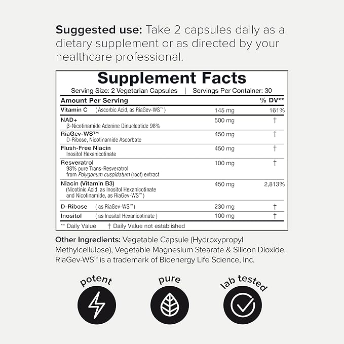 Ultra High Strength 1500mg NAD+ Supplement - Clinically Proven Third-Party Tested Ingredients with Patented RiaGev-WS™, Resveratrol, and Niacin - 60 Capsules TQ