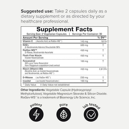 Ultra High Strength 1500mg NAD+ Supplement - Clinically Proven Third-Party Tested Ingredients with Patented RiaGev-WS™, Resveratrol, and Niacin - 60 Capsules TQ