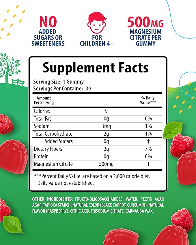 Sugar-Free Magnesium Gummies for Kids & Teens - 500mg Calm Magnesium Citrate Gummies - Chewable Magnesium Gummy Supplement for Sleep, Mood & Muscle Support