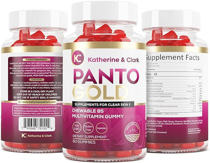 Panto Gold Vitamin B5 Pantothenic Acid Gummies for Acne - Hair Skin and Nails Gummies - Biotin, Zinc, Folic Acid Chewable Non-GMO Gluten-Free for Body - Oily Skin Gummies - 60 Count