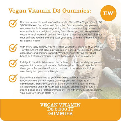 NatureWise Vitamin D3 5000 IU Gummies - Mixed Berry Flavor - Vegan D from Lichen, Pectin Based, Immune Support for Adults, Muscle & Bone Strength - Gluten Free, Non-GMO - 180 Count[3-Month Supply]