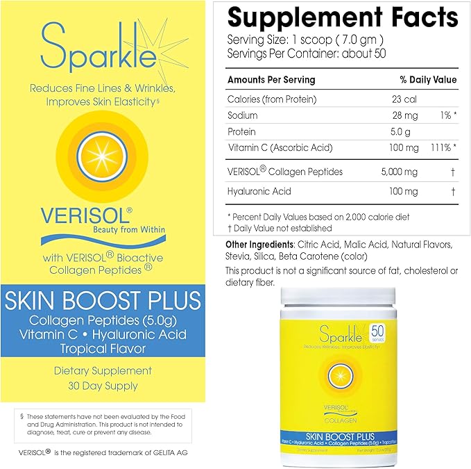 Sparkle Wellness Skin Boost Plus (Tropical) [50-Serves] | Collagen Powder Supplement with VERISOL Bioactive Hydrolyzed Collagen Peptides, Vitamin C & Hyaluroic Acid