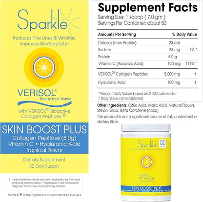 Sparkle Wellness Skin Boost Plus (Tropical) [50-Serves] | Collagen Powder Supplement with VERISOL Bioactive Hydrolyzed Collagen Peptides, Vitamin C & Hyaluroic Acid