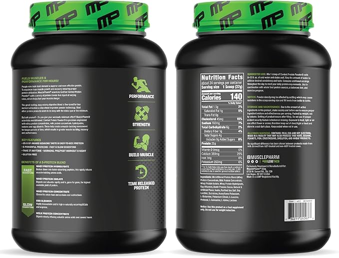 MusclePharm Combat Protein Powder, Chocolate Milk Flavor, Fuels Muscles for Productive Workouts, 5 Protein Sources Including Whey Protein Isolate & Egg Albumin, Gluten Free, 2 lb, 26 Servings